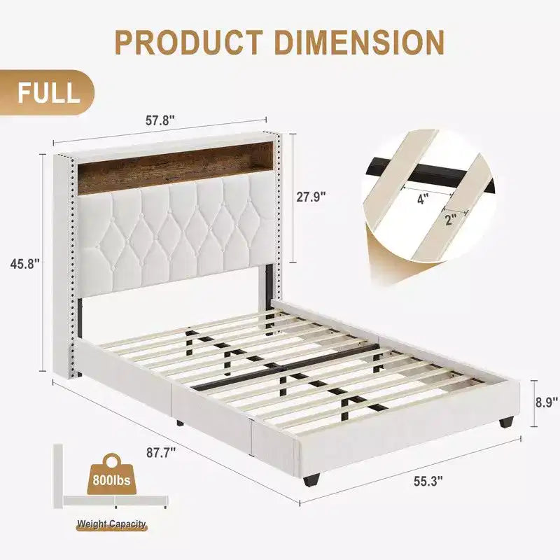 Cadre de lit double/grand/très grand avec lumières LED, lit plateforme rembourré avec station de charge et tête de lit de rangement à 2 niveaux