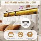 Cadre de lit double/grand/très grand avec lumières LED, lit plateforme rembourré avec station de charge et tête de lit de rangement à 2 niveaux