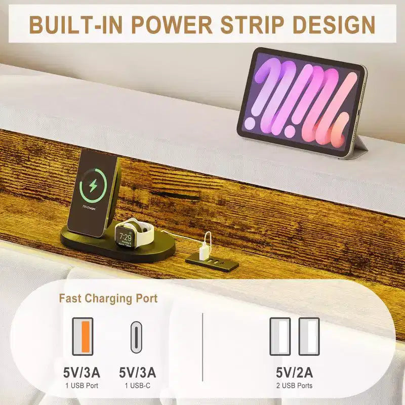Cadre de lit double/grand/très grand avec lumières LED, lit plateforme rembourré avec station de charge et tête de lit de rangement à 2 niveaux