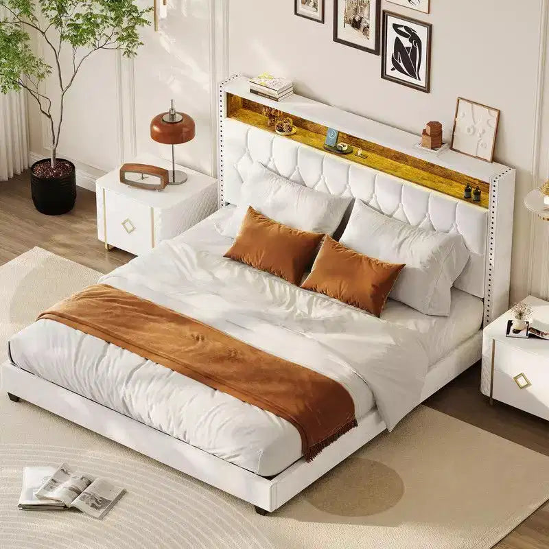 Cadre de lit double/grand/très grand avec lumières LED, lit plateforme rembourré avec station de charge et tête de lit de rangement à 2 niveaux