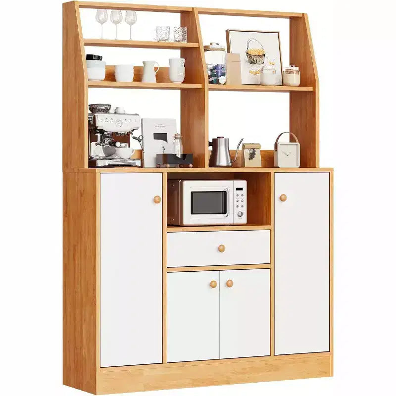 Petit meuble de bar à café de style ferme avec 4 portes et étagères réglables, buffet de cuisine en bois, vaisselier de garde-manger en café + blanc