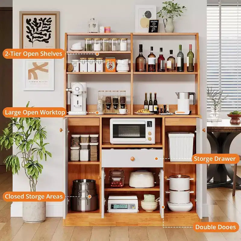 Petit meuble de bar à café de style ferme avec 4 portes et étagères réglables, buffet de cuisine en bois, vaisselier de garde-manger en café + blanc