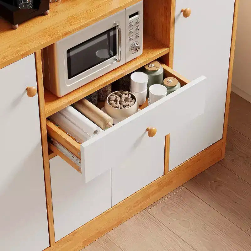Petit meuble de bar à café de style ferme avec 4 portes et étagères réglables, buffet de cuisine en bois, vaisselier de garde-manger en café + blanc