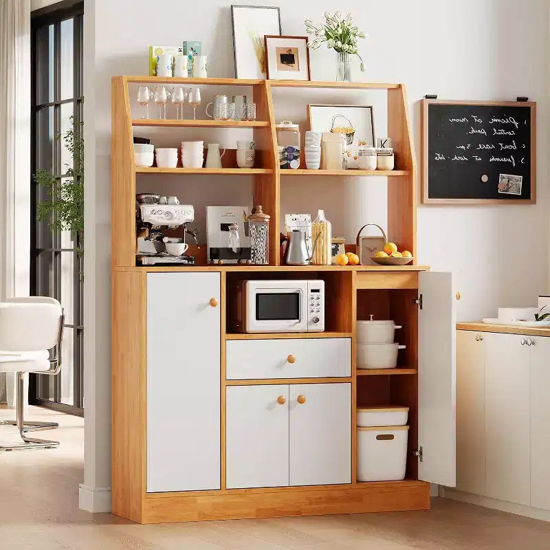 Petit meuble de bar à café de style ferme avec 4 portes et étagères réglables, buffet de cuisine en bois, vaisselier de garde-manger en café + blanc