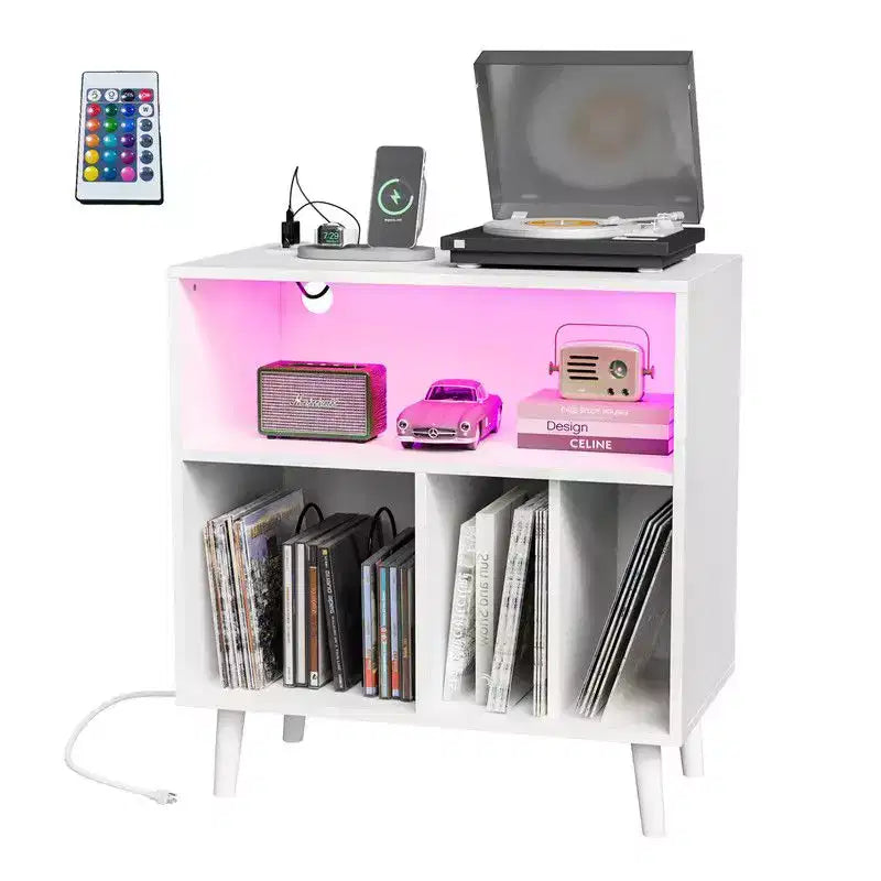Meuble de Rangement pour Platine Vinyle avec Lumières LED et Station de Charge