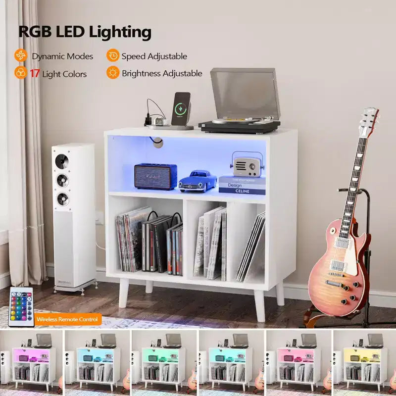 Meuble de Rangement pour Platine Vinyle avec Lumières LED et Station de Charge