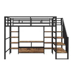 Lit mezzanine en métal pleine grandeur avec escalier, cadre de lit en métal avec table de rangement basse et étagères pour enfants, adolescents et adultes