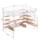 Lit mezzanine en métal pleine grandeur avec escalier, cadre de lit en métal avec table de rangement basse et étagères pour enfants, adolescents et adultes