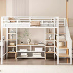 Lit mezzanine en métal pleine grandeur avec escalier, cadre de lit en métal avec table de rangement basse et étagères pour enfants, adolescents et adultes