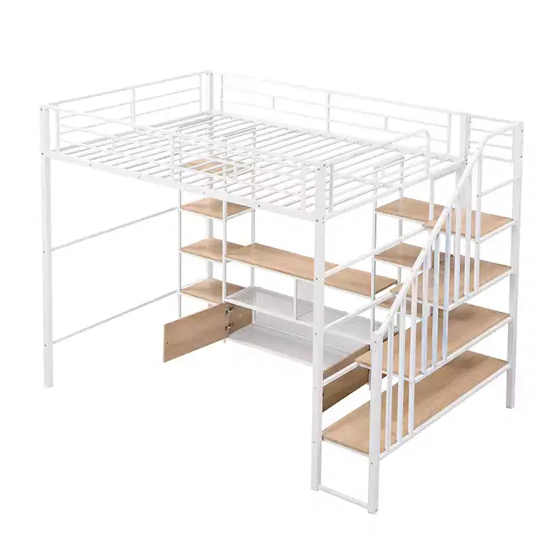 Lit mezzanine en métal pleine grandeur avec escalier, cadre de lit en métal avec table de rangement basse et étagères pour enfants, adolescents et adultes