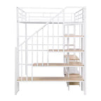 Lit mezzanine en métal pleine grandeur avec escalier, cadre de lit en métal avec table de rangement basse et étagères pour enfants, adolescents et adultes