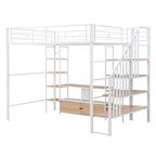 Lit mezzanine en métal pleine grandeur avec escalier, cadre de lit en métal avec table de rangement basse et étagères pour enfants, adolescents et adultes