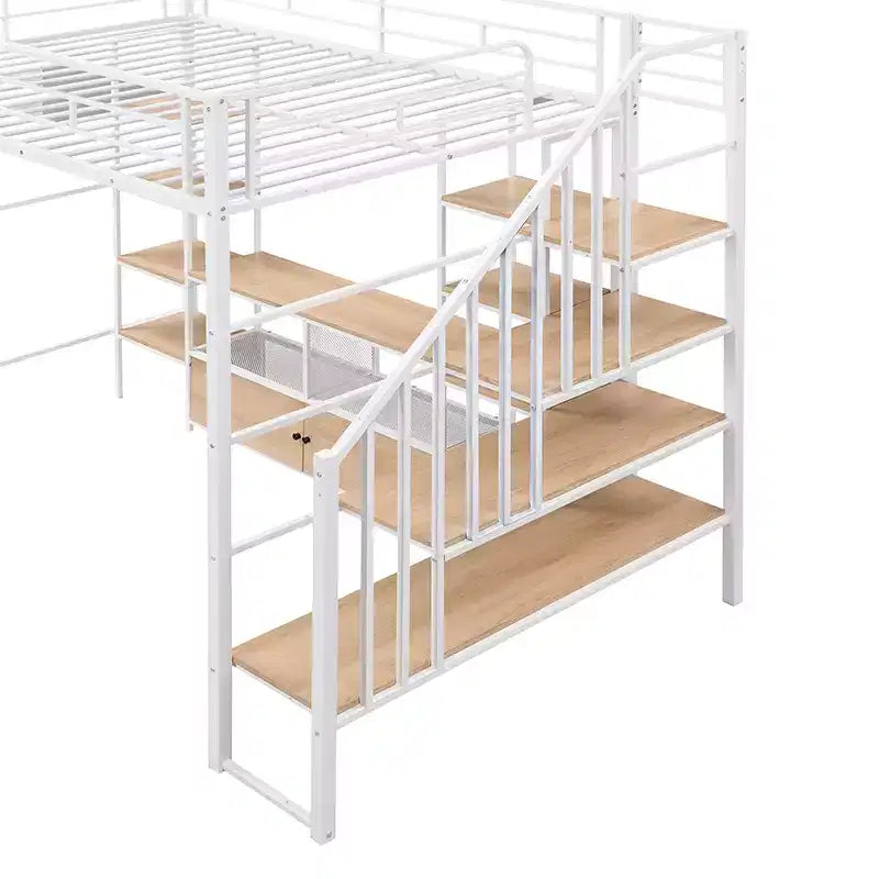 Lit mezzanine en métal pleine grandeur avec escalier, cadre de lit en métal avec table de rangement basse et étagères pour enfants, adolescents et adultes