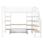 Lit mezzanine en métal pleine grandeur avec escalier, cadre de lit en métal avec table de rangement basse et étagères pour enfants, adolescents et adultes