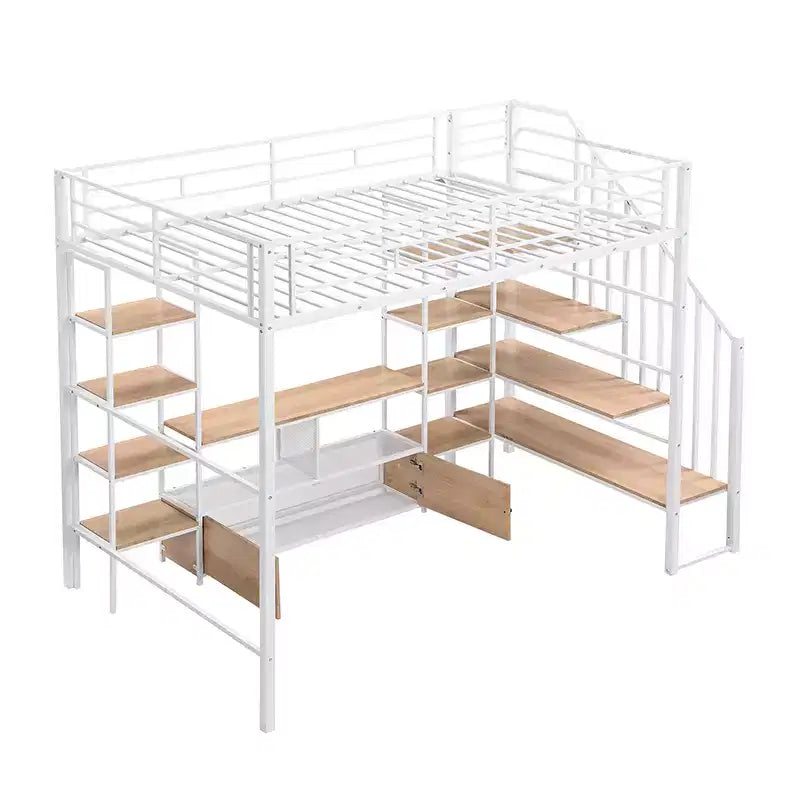 Lit mezzanine en métal pleine grandeur avec escalier, cadre de lit en métal avec table de rangement basse et étagères pour enfants, adolescents et adultes