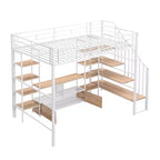 Lit mezzanine en métal pleine grandeur avec escalier, cadre de lit en métal avec table de rangement basse et étagères pour enfants, adolescents et adultes