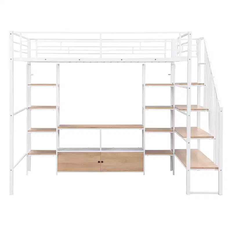 Lit mezzanine en métal pleine grandeur avec escalier, cadre de lit en métal avec table de rangement basse et étagères pour enfants, adolescents et adultes