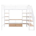 Lit mezzanine en métal pleine grandeur avec escalier, cadre de lit en métal avec table de rangement basse et étagères pour enfants, adolescents et adultes