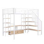 Lit mezzanine en métal pleine grandeur avec escalier, cadre de lit en métal avec table de rangement basse et étagères pour enfants, adolescents et adultes