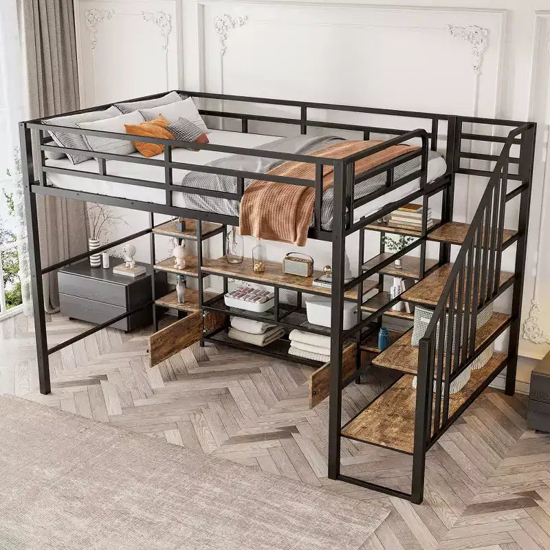 Lit mezzanine en métal pleine grandeur avec escalier, cadre de lit en métal avec table de rangement basse et étagères pour enfants, adolescents et adultes