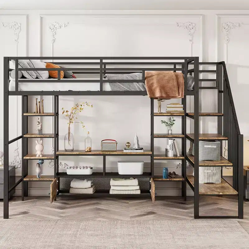 Lit mezzanine en métal pleine grandeur avec escalier, cadre de lit en métal avec table de rangement basse et étagères pour enfants, adolescents et adultes