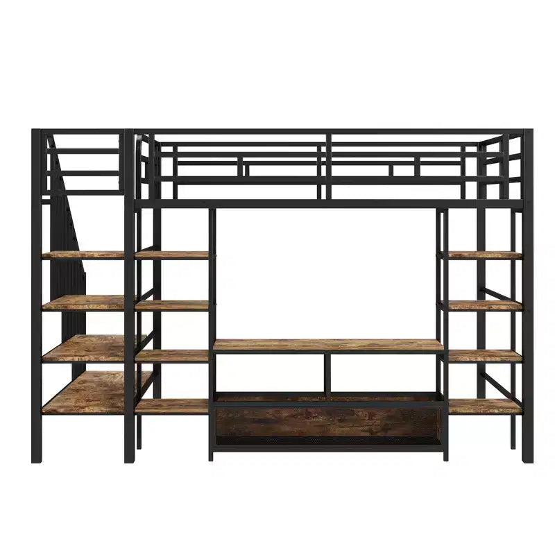 Lit mezzanine en métal pleine grandeur avec escalier, cadre de lit en métal avec table de rangement basse et étagères pour enfants, adolescents et adultes