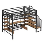 Lit mezzanine en métal pleine grandeur avec escalier, cadre de lit en métal avec table de rangement basse et étagères pour enfants, adolescents et adultes