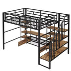 Lit mezzanine en métal pleine grandeur avec escalier, cadre de lit en métal avec table de rangement basse et étagères pour enfants, adolescents et adultes