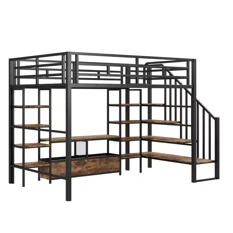 Lit mezzanine en métal pleine grandeur avec escalier, cadre de lit en métal avec table de rangement basse et étagères pour enfants, adolescents et adultes