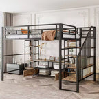 Full Size Metal Loft Bed Frame with Staircase, Metal Bed Frame with Low Storage Table and Shelves for Kids Teens Adults