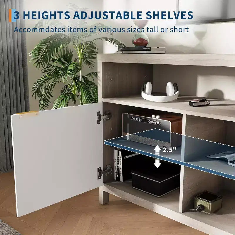 Meuble TV cannelé pour téléviseurs 65 pouces, console média de style moderne du milieu du siècle avec étagères réglables, meuble TV fin style ferme