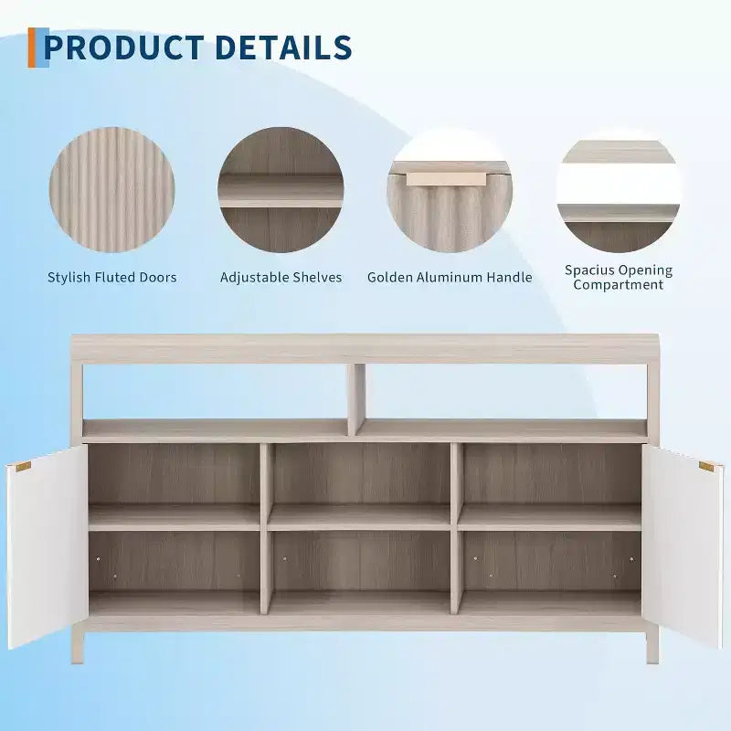 Meuble TV cannelé pour téléviseurs 65 pouces, console média de style moderne du milieu du siècle avec étagères réglables, meuble TV fin style ferme