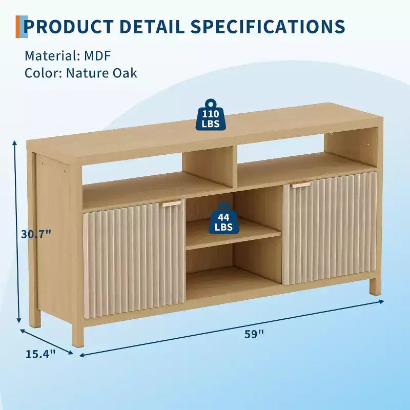 Meuble TV cannelé pour téléviseurs 65 pouces, console média de style moderne du milieu du siècle avec étagères réglables, meuble TV fin style ferme