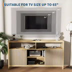 Meuble TV cannelé pour téléviseurs 65 pouces, console média de style moderne du milieu du siècle avec étagères réglables, meuble TV fin style ferme