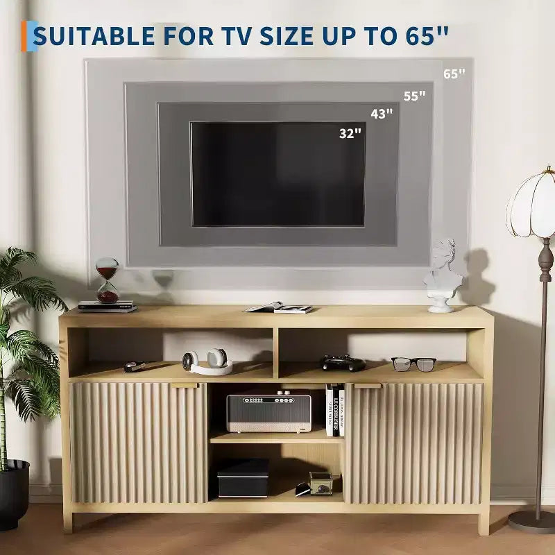 Meuble TV cannelé pour téléviseurs 65 pouces, console média de style moderne du milieu du siècle avec étagères réglables, meuble TV fin style ferme