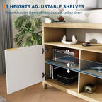 Meuble TV cannelé pour téléviseurs 65 pouces, console média de style moderne du milieu du siècle avec étagères réglables, meuble TV fin style ferme