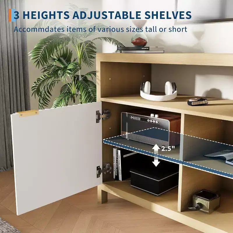 Meuble TV cannelé pour téléviseurs 65 pouces, console média de style moderne du milieu du siècle avec étagères réglables, meuble TV fin style ferme