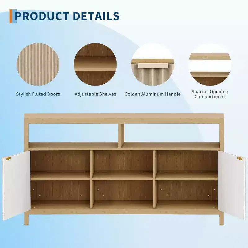 Meuble TV cannelé pour téléviseurs 65 pouces, console média de style moderne du milieu du siècle avec étagères réglables, meuble TV fin style ferme