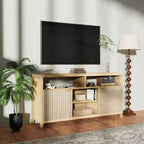 Meuble TV cannelé pour téléviseurs 65 pouces, console média de style moderne du milieu du siècle avec étagères réglables, meuble TV fin style ferme