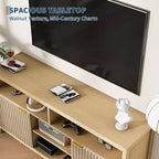 Meuble TV cannelé pour téléviseurs 65 pouces, console média de style moderne du milieu du siècle avec étagères réglables, meuble TV fin style ferme