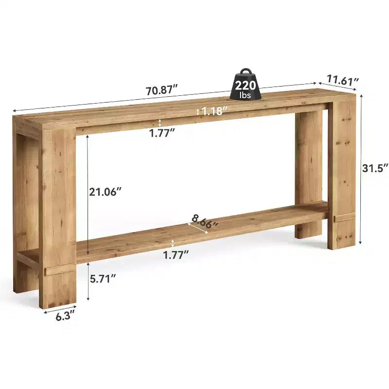 Table console en bois massif de 70 pouces, table de canapé de style ferme à 2 niveaux pour l'arrière du canapé, pour le salon et le couloir, bois naturel