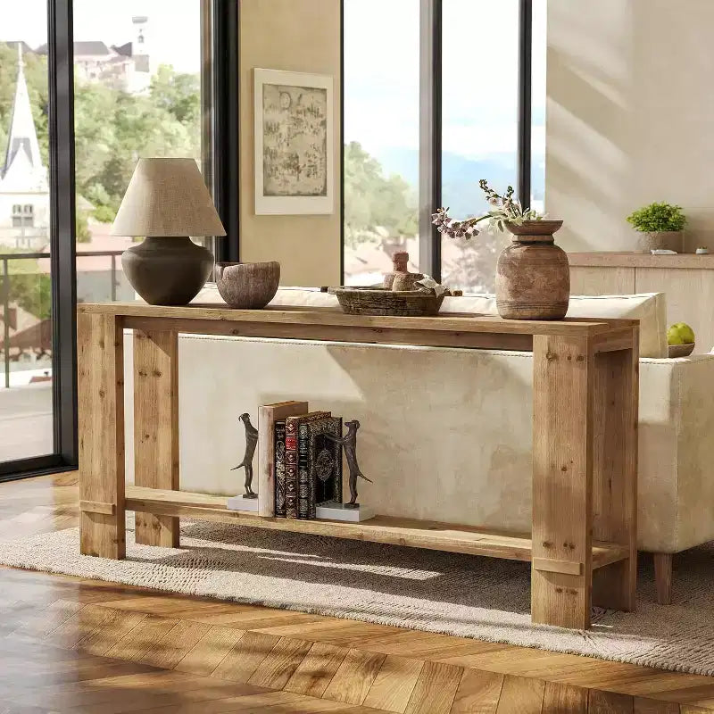 Table console en bois massif de 70 pouces, table de canapé de style ferme à 2 niveaux pour l'arrière du canapé, pour le salon et le couloir, bois naturel