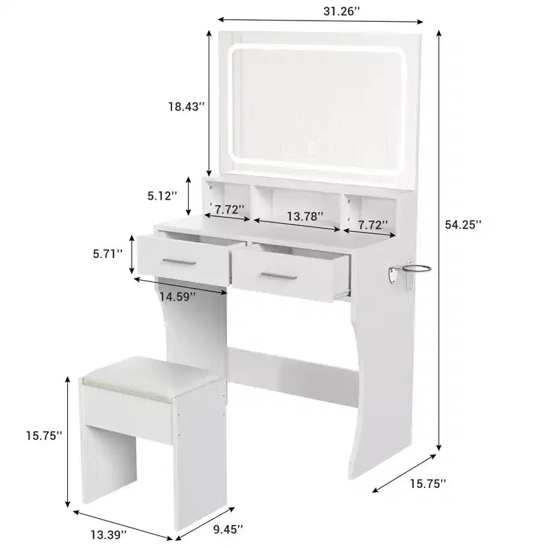 Coiffeuse avec miroir, table de maquillage avec tiroirs, tabouret, meuble de maquillage en bois