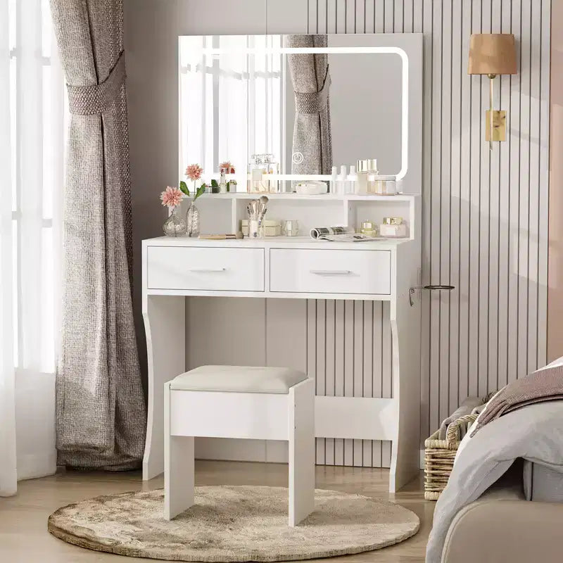 Coiffeuse avec miroir, table de maquillage avec tiroirs, tabouret, meuble de maquillage en bois