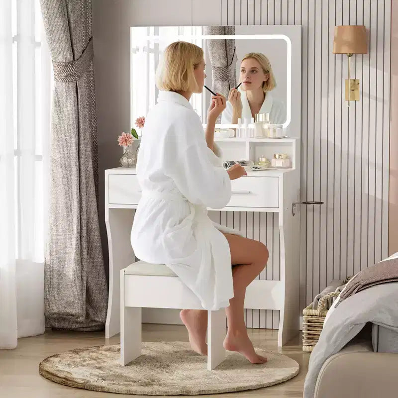 Coiffeuse avec miroir, table de maquillage avec tiroirs, tabouret, meuble de maquillage en bois
