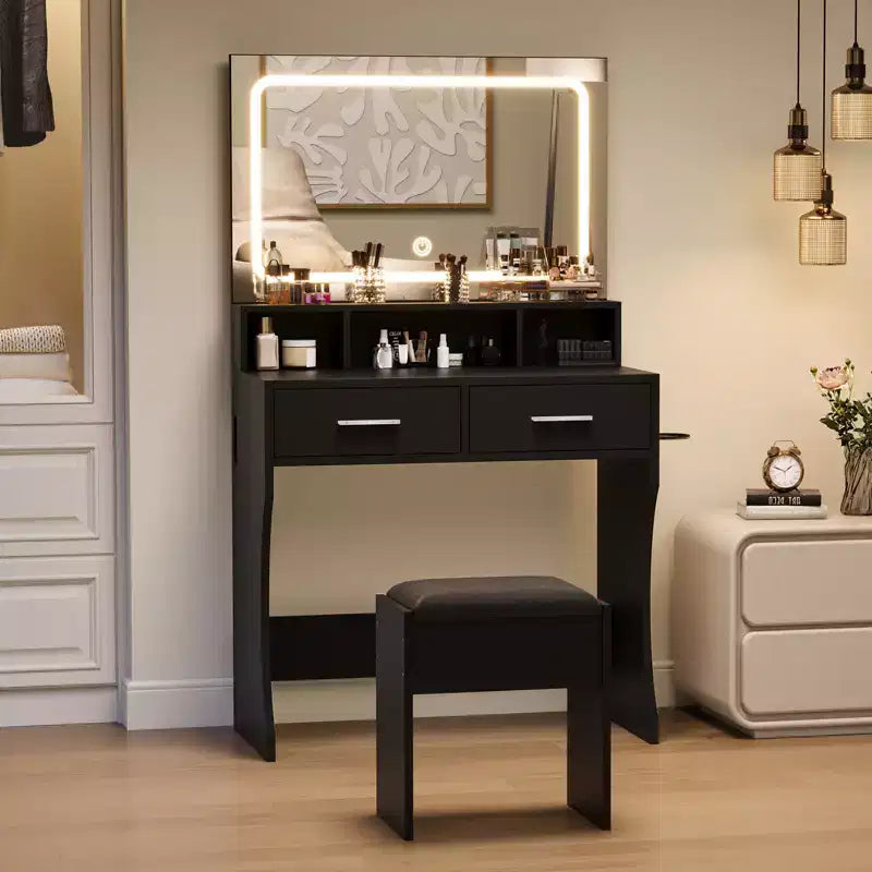 Coiffeuse avec miroir, table de maquillage avec tiroirs, tabouret, meuble de maquillage en bois