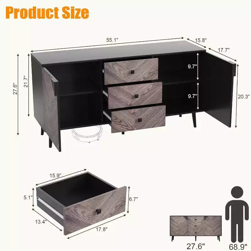 55.1 Buffet de rangement contemporain avec tiroirs et portes, meuble d'appoint pour salle à manger, entrée