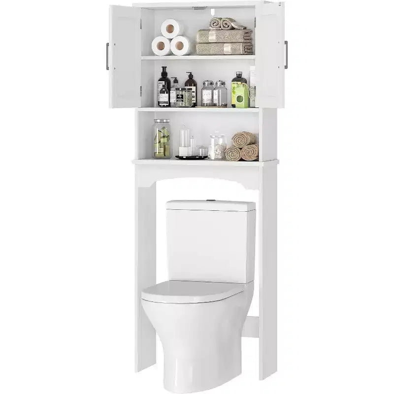 Armoire de rangement au-dessus des toilettes, organisateur de salle de bain avec deux portes, étagère ouverte, design haut peu encombrant, kit anti-basculement, blanc