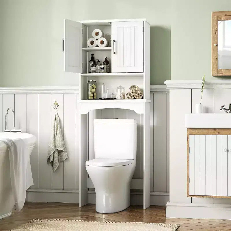 Armoire de rangement au-dessus des toilettes, organisateur de salle de bain avec deux portes, étagère ouverte, design haut peu encombrant, kit anti-basculement, blanc