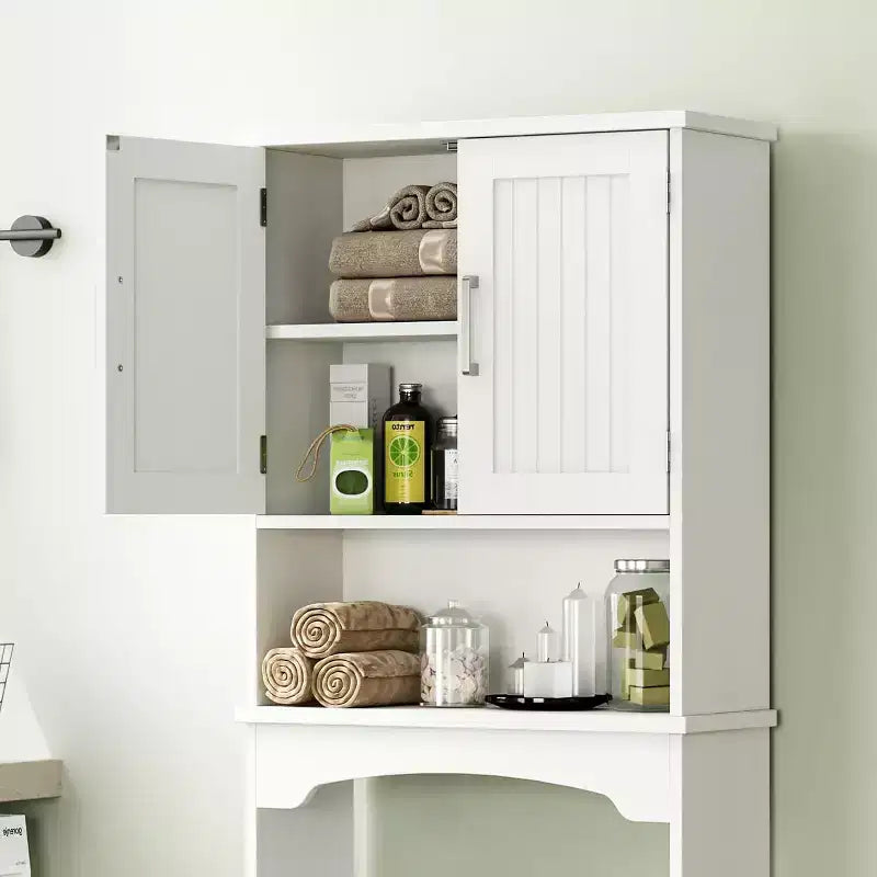 Armoire de rangement au-dessus des toilettes, organisateur de salle de bain avec deux portes, étagère ouverte, design haut peu encombrant, kit anti-basculement, blanc
